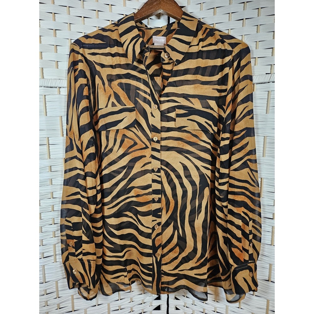 Chico's Womens Sz 3 Long Sleeve Sheer Button Down Top Zebra Print Mob Wife